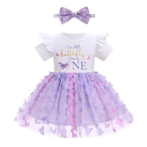 FYMNSI Baby Mädchen Mein Erster 1. Geburtstag Kleid Baumwolle Kurzarm Schmetterling Tutu Tüllkleid mit Schleife Stirnband Kleinkinder Prinzessin Partykleid Fotoshooting Outfit Sommer Lila 9-12 Monate von FYMNSI