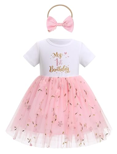 FYMNSI Baby Mädchen Mein Erster 1. Geburtstag Kleid Baumwolle Kurzarm Tutu Tüllkleid mit Schleife Stirnband Kleinkinder A-Linie Prinzessin Partykleid Fotoshooting Outfit Sommer Rosa 9-12 Monate von FYMNSI