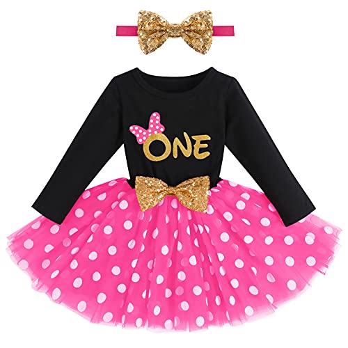 FYMNSI Baby Mädchen Mein Erster 1. Geburtstag Kleid Baumwolle Langarm Gepunktet Tutu Tüllkleid A-Linie Prinzessin Partykleid mit Pailletten Schleife Stirnband Set Fotoshooting Outfit Schwarz + Rose von FYMNSI