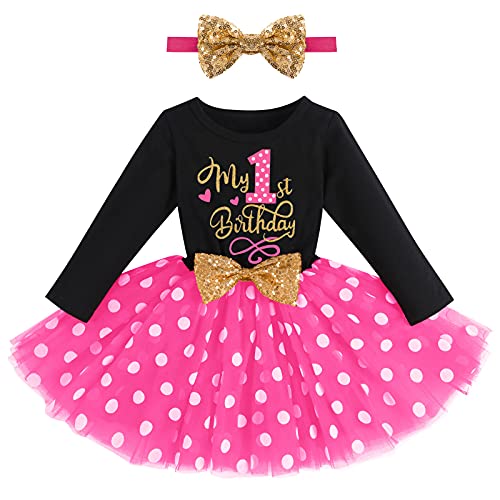 FYMNSI Baby Mädchen Mein Erster 1. Geburtstag Kleid Baumwolle Langarm Gepunktet Tutu Tüllkleid A-Linie Prinzessin Partykleid mit Pailletten Schleife Stirnband Set Fotoshooting Outfit Schwarz + Rose von FYMNSI