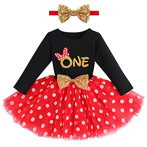 FYMNSI Baby Mädchen Mein Erster 1. Geburtstag Kleid Baumwolle Langarm Gepunktet Tutu Tüllkleid A-Linie Prinzessin Partykleid mit Pailletten Schleife Stirnband Set Fotoshooting Outfit Schwarz + Rot von FYMNSI