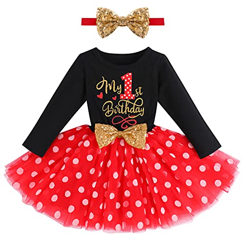 FYMNSI Baby Mädchen Mein Erster 1. Geburtstag Kleid Baumwolle Langarm Gepunktet Tutu Tüllkleid A-Linie Prinzessin Partykleid mit Pailletten Schleife Stirnband Set Fotoshooting Outfit Schwarz + Rot von FYMNSI