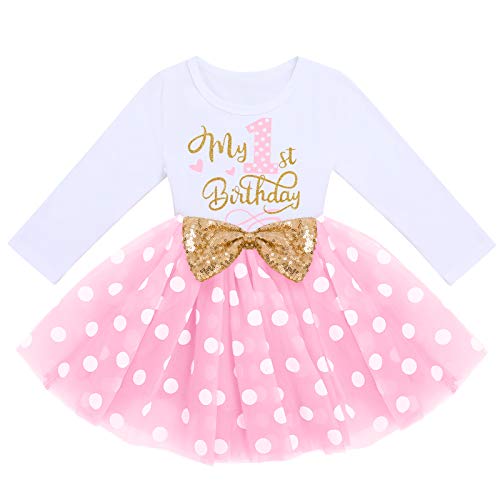FYMNSI Baby Mädchen Mein Erster 1. Geburtstag Kleid Baumwolle Langarm Gepunktet Tutu Tüllkleid Pailletten Schleife A-Linie Prinzessin Partykleid Fotoshooting Outfit Rosa Tupfen 1 Jahr von FYMNSI