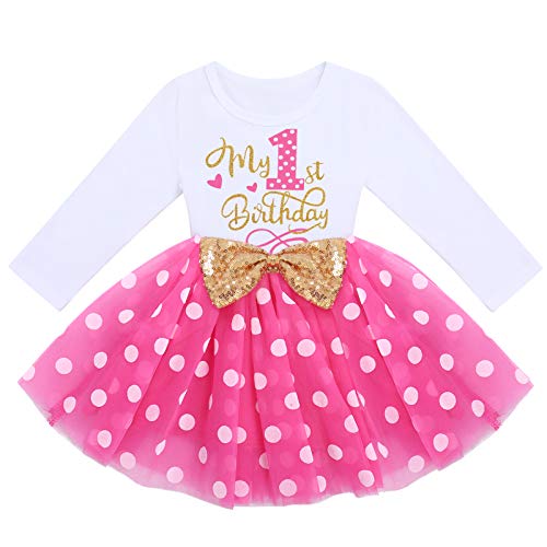 FYMNSI Baby Mädchen Mein Erster 1. Geburtstag Kleid Baumwolle Langarm Gepunktet Tutu Tüllkleid Pailletten Schleife A-Linie Prinzessin Partykleid Fotoshooting Outfit Rose Tupfen 1 Jahr von FYMNSI