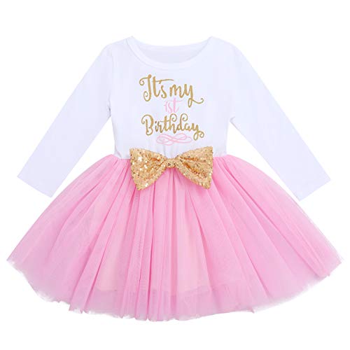 FYMNSI Baby Mädchen Mein Erster 1. Geburtstag Kleid Baumwolle Langarm Tutu Tüllkleid Pailletten Schleife A-Linie Prinzessin Partykleid Fotoshooting Outfit Rosa - Es ist Mein 1. Geburtstag 1 Jahr von FYMNSI