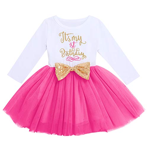 FYMNSI Baby Mädchen Mein Erster 1. Geburtstag Kleid Baumwolle Langarm Tutu Tüllkleid Pailletten Schleife A-Linie Prinzessin Partykleid Fotoshooting Outfit Rose - Es ist Mein 1. Geburtstag 1 Jahr von FYMNSI