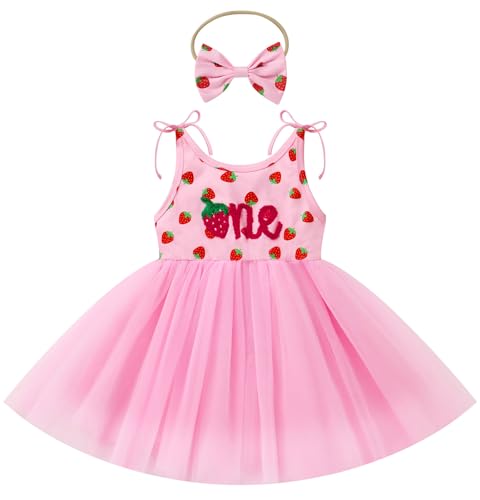 FYMNSI Baby Mädchen Mein Erster 1. Geburtstag Kleid Sommer Ärmellos Tutu Tüllkleid mit Schleife Stirnband Kleinkinder A-Linie Prinzessin Partykleid Festkleid Fotoshooting Outfit Rosa Erdbeere 12-18M von FYMNSI