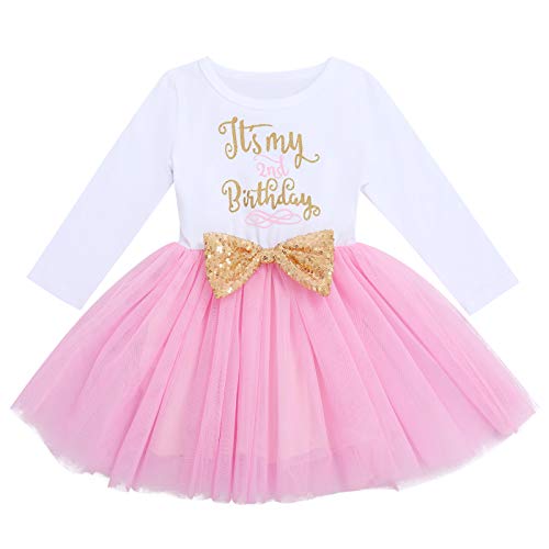 FYMNSI Baby Mädchen Mein Zweiter 2. Geburtstag Kleid Baumwolle Langarm Tutu Tüllkleid Pailletten Schleife A-Linie Prinzessin Partykleid Fotoshooting Outfit Rosa - Es ist Mein 2. Geburtstag 2 Jahre von FYMNSI
