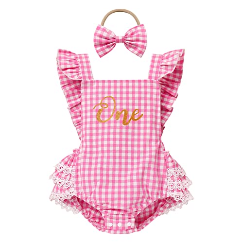 FYMNSI Baby Mädchen Plaid Body Strampler 1. Geburtstag Outfit Sommer Kleidung Baumwolle Einteiler Bodysuit Mit Schleife Stirnband 2tlg Festliches 1 Jahr Party Fotoshooting Rosa 6-12 Monate von FYMNSI