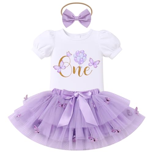FYMNSI Baby Mädchen Schmetterling Mein Erster 1. Geburtstag Outfit Ein Jahr alt Partykleid Baumwolle Kurzarm Body Strampler Prinzessin Tütü Tüll Rock mit Stirnband Kleinkinder Sommer Lila 12-18 Monate von FYMNSI