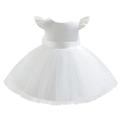 FYMNSI Baby Mädchen Taufkleid Satinkleid Abendkleid Prinzessin 1. Geburtstag Partykleid Bowknot Ärmellos Festliches Festkleid Weihnachtskleid Säugling Hochzeit Brautjungfer Kleider Weiß 12-18 Monate von FYMNSI