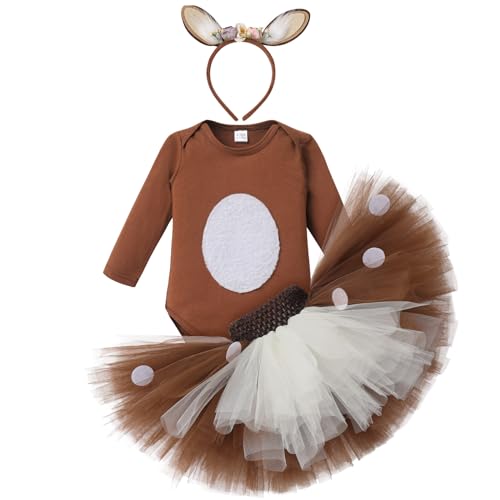 FYMNSI Baby M?dchen Weihnachtsoutfit Mein erstes Weihnachten Bekleidungsset Rentier Kost?m Baumwolle Langarm Body Prinzessin T?t? Rock Stirnband 3tlg Xmas Party Kleidung Outfit Braun 12-18 Monate von FYMNSI