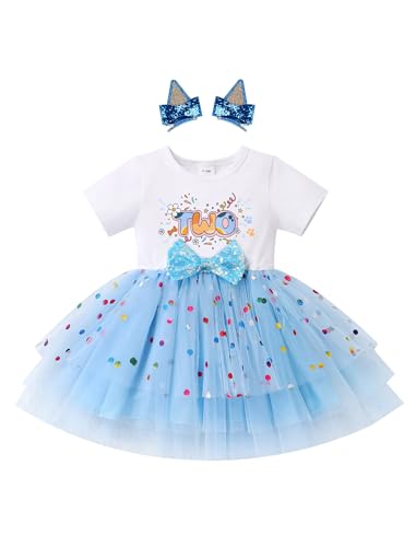 FYMNSI Baby Mädchen Zweiter 2. Geburtstag Blue Gepunktet Tütü Partykleid Kleinkinder 2 Jahre Outfit Kurzarm Prinzessin Blumen Tüllrock Taufkleid Festkleid Sommerkleid Fotoshooting Blau - Two 2 Jahre von FYMNSI