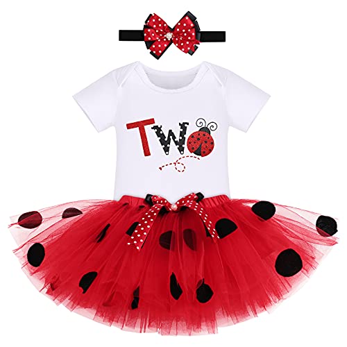 FYMNSI Baby Mädchen Zweiter 2. Geburtstag Outfit Marienkäfer Kostüme Baumwolle Kurzarm Strampler Body Prinzessin Tütü Tüll Rock Schleife Stirnband 3tlg Bekleidungsset Rot - Two 2 Jahre von FYMNSI