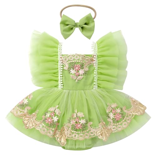 FYMNSI Baby Outfit 1 Geburtstag M?dchen, Neugeborenes Fotoshooting Kleidung Blumen Stickerei T?ll T?t? Prinzessin Partykleid Festliches Festkleid Bodykleid Hochzeit Kleinkinder Sommer Gr?n 3-6 Monate von FYMNSI