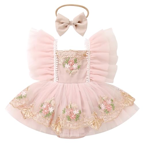 FYMNSI Baby Outfit 1 Geburtstag M?dchen, Neugeborenes Fotoshooting Kleidung Blumen Stickerei T?ll T?t? Prinzessin Partykleid Festliches Festkleid Bodykleid Hochzeit Kleinkinder Sommer Rosa 3-6 Monate von FYMNSI