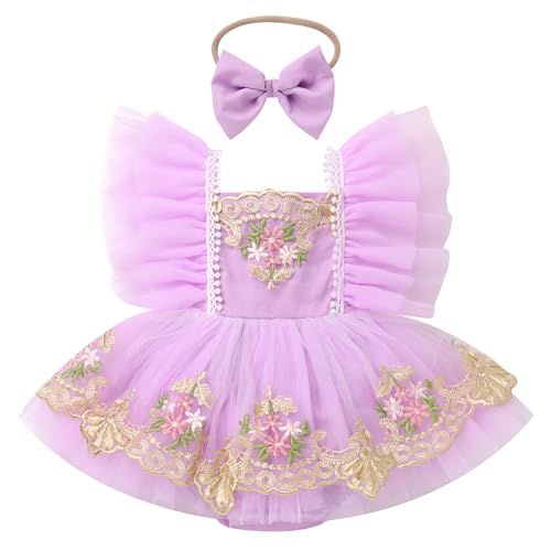 FYMNSI Baby Outfit 1 Geburtstag M?dchen, Neugeborenes Fotoshooting Kleidung Blumen Stickerei T?ll T?t? Prinzessin Partykleid Festliches Festkleid Bodykleid Hochzeit Kleinkinder Sommer Violett 12-18M von FYMNSI