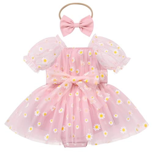 FYMNSI Baby Outfit 1 Geburtstag M?dchen, Neugeborenes Fotoshooting Kleidung Blumen T?ll T?t? Prinzessin Partykleid Festliches Festkleid Bodykleid Taufe Hochzeit Kleinkinder Sommer Rosa 0-3 Monate von FYMNSI