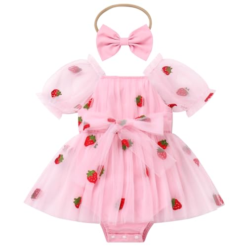 FYMNSI Baby Outfit 1 Geburtstag M?dchen, Neugeborenes Fotoshooting Kleidung Erdbeere Kleider Kurzarm T?ll T?t? Prinzessin Partykleid Festliches Festkleid Bodykleid Taufe Hochzeit Rosa 0-3 Monate von FYMNSI