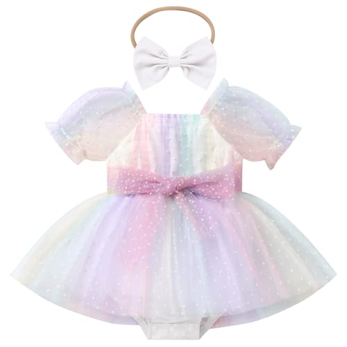 FYMNSI Baby Outfit 1 Geburtstag M?dchen, Neugeborenes Fotoshooting Kleidung Kurzarm T?ll T?t? Prinzessin Partykleid Festliches Festkleid Bodykleid Taufe Hochzeit Kleinkinder Sommer Bunt 0-3 Monate von FYMNSI