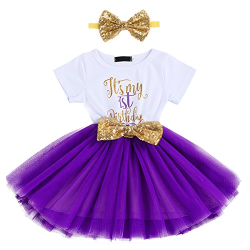 FYMNSI Baby Säugling Mädchen Es ist Mein 1. / 2. Geburtstag Party Kleid Outfit Kurzarm Tütü Tüll Prinzessin Geburtstagskleid mit Pailletten Schleife Stirnband Fotoshooting Babykleidung Set Lila von FYMNSI