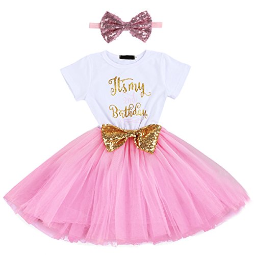 FYMNSI Baby Säugling Mädchen Es ist Mein 1. / 2. Geburtstag Party Kleid Outfit Kurzarm Tütü Tüll Prinzessin Geburtstagskleid mit Pailletten Schleife Stirnband Fotoshooting Babykleidung Set Rot von FYMNSI