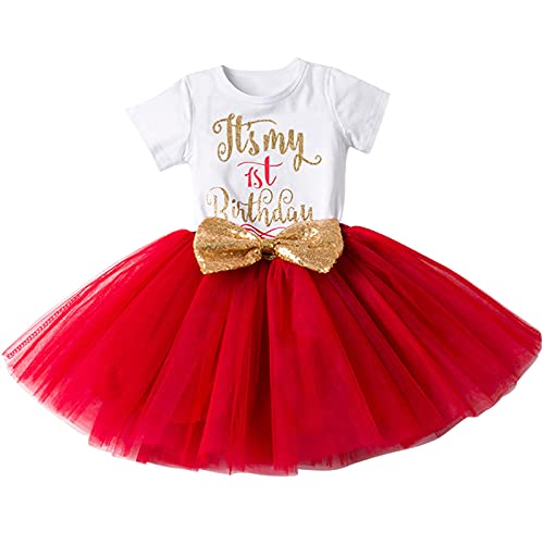 FYMNSI Baby Säugling Mädchen Es ist Mein 1. / 2. Geburtstag Party Kleid Outfit Kurzarm Tütü Tüll Prinzessin Geburtstagskleid mit Pailletten Schleife Stirnband Fotoshooting Babykleidung Set Rot von FYMNSI