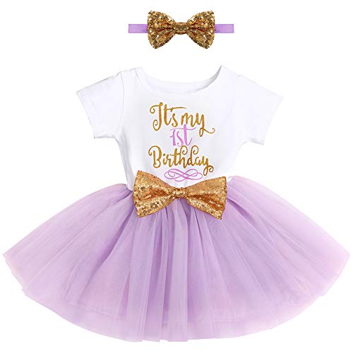 FYMNSI Baby Säugling Mädchen Es ist Mein 1. Geburtstag Party Kleid Outfit Kurzarm Tütü Tüll Prinzessin Geburtstagskleid mit Pailletten Schleife Stirnband Fotoshooting Babykleidung Set Violett von FYMNSI