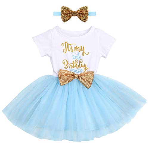 FYMNSI Baby Säugling Mädchen Es ist Mein 2. Geburtstag Party Kleid Outfit Kurzarm Tütü Tüll Prinzessin Geburtstagskleid mit Pailletten Schleife Stirnband Fotoshooting Babykleidung Set Blau von FYMNSI