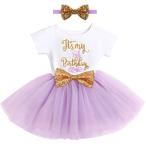 FYMNSI Baby Säugling Mädchen Es ist Mein 2. Geburtstag Party Kleid Outfit Kurzarm Tütü Tüll Prinzessin Geburtstagskleid mit Pailletten Schleife Stirnband Fotoshooting Babykleidung Set Violett von FYMNSI