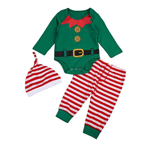 FYMNSI Baby Säugling Mädchen Jungen Elf Outfit Santa’s Kleiner Helfer Kostüm Langarm Strampler Spielanzug Body Hose und Hut 3tlg Schlafanzug Pyjama Set 1. Weihnahcten Party Bekleidungsset 6-12 Monate von FYMNSI