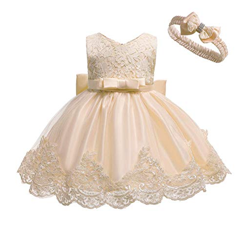 FYMNSI Baby Taufkleid Kinder Mädchen Geburtstag Partykleid Blumenmädchen Kleid Bowknot Spitze Ärmellos Abendkleid Prinzessin Hochzeit Formal Festkleid mit Stirnband Set Champagner 18-24M von FYMNSI