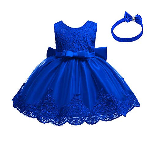 FYMNSI Baby Taufkleid Kinder Mädchen Geburtstag Partykleid Blumenmädchen Kleid Bowknot Spitze Ärmellos Abendkleid Prinzessin Hochzeit Formal Festkleid mit Stirnband Set Dunkelblau 2-3J von FYMNSI