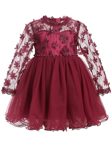 FYMNSI Baby Taufkleid M�dchen Langarm Spitzenkleid Prinzessin T�t� T�llkleid Festliches Festkleid Kleinkinder Geburtstag Partykleid Hochzeit Brautjungfer Abendkleider Fotoshooting Weinrot 12-18M von FYMNSI