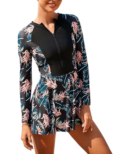 FYMNSI Badekleid Damen Einteilige Bauchweg Badeanzug Rash Guard Langarm Schwimmkleid Rei�Verschluss UV Schutz Bademode Badeanzugkleid Surfanzug Sport Schwimmanzug Baderock Tankini Blau XXL von FYMNSI