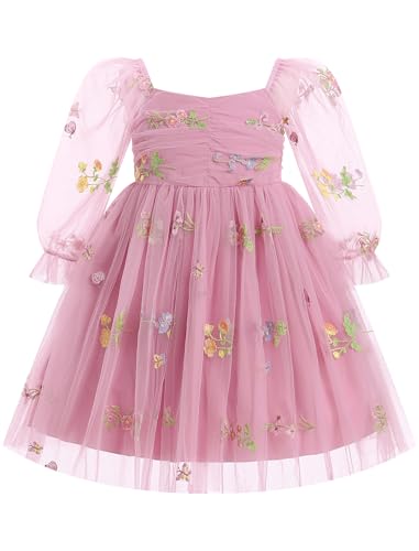 FYMNSI Blumenm�dchen Kleid Kinder M�dchen Prinzessin Geburtstag Partykleid T�t� T�llkleid Festliches Festkleid Langarm Blumen Stickerei Hochzeit Brautjungfer Abendkleider Ballkleid Dunkelrosa 5-6J von FYMNSI