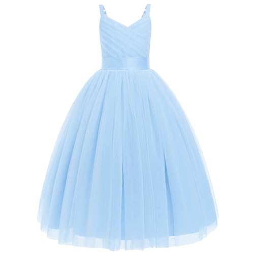 FYMNSI Blumenm?dchen Kleid Kinder M?dchen Tr?ger V-Ausschnitt ?rmellos Geburtstag Partykleid Prinzessin T?llkleid Maxikleid Hochzeit Brautjungfer Festkleid Langes Abendkleider Hellblau 10 Jahre von FYMNSI