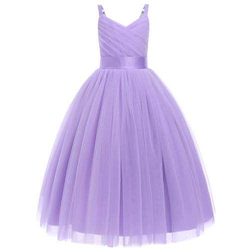 FYMNSI Blumenm?dchen Kleid Kinder M?dchen Tr?ger V-Ausschnitt ?rmellos Geburtstag Partykleid Prinzessin T?llkleid Maxikleid Hochzeit Brautjungfer Festkleid Langes Abendkleider Violett 6 Jahre von FYMNSI