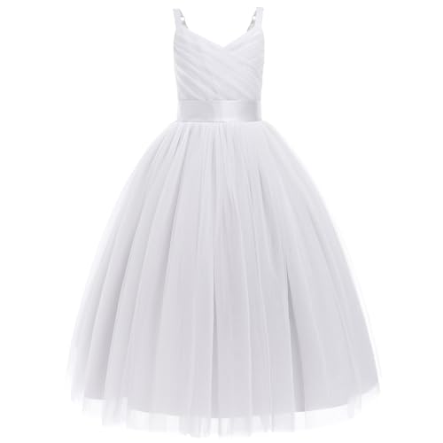FYMNSI Blumenm?dchen Kleid Kinder M?dchen Tr?ger V-Ausschnitt ?rmellos Geburtstag Partykleid Prinzessin T?llkleid Maxikleid Hochzeit Brautjungfer Festkleid Langes Abendkleider Wei? 9 Jahre von FYMNSI