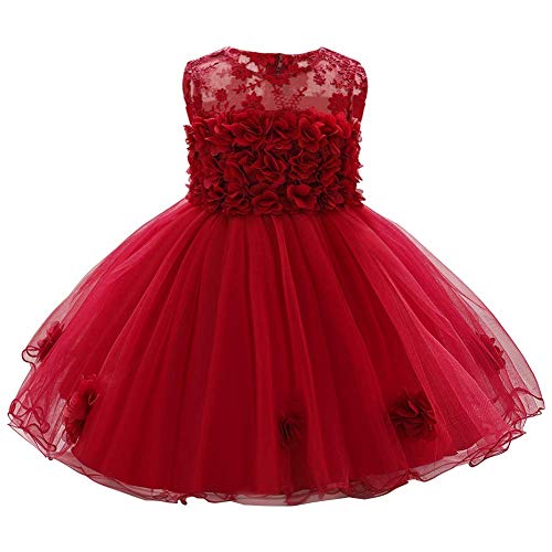 FYMNSI Blumenmädchen Baby Kleid Kleinkinder Tütü Prinzessin Partykleid Taufkleid Geburtstagskleid A-Linie Schleife Blumen Tüllkleid Ärmellos Sommerkleid Festliches Festkleid Weinrot 6-12 Monate von FYMNSI