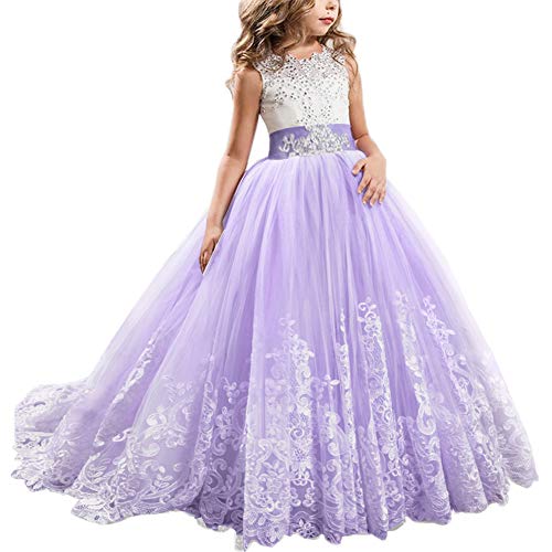 FYMNSI Blumenmädchen Kleid Hochzeitskleid Brautjungfer Lang Abendkleid Mädchen Spitzenkleid Party Prinzessin Vintage Tüllkleid Kinder Erste Kommunionkleider Festzug Cocktailkleid Lila 4-5 Jahre von FYMNSI