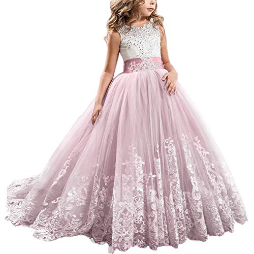 FYMNSI Blumenmädchen Kleid Hochzeitskleid Brautjungfer Lang Abendkleid Mädchen Spitzenkleid Party Prinzessin Vintage Tüllkleid Kinder Erste Kommunionkleider Festzug Cocktailkleid Rosa #1 10-11 Jahre von FYMNSI