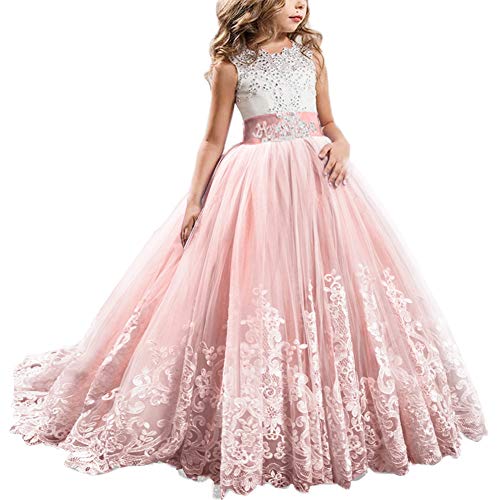 FYMNSI Blumenmädchen Kleid Hochzeitskleid Brautjungfer Lang Abendkleid Mädchen Spitzenkleid Party Prinzessin Vintage Tüllkleid Kinder Erste Kommunionkleider Festzug Cocktailkleid Rosa #2 4-5 Jahre von FYMNSI