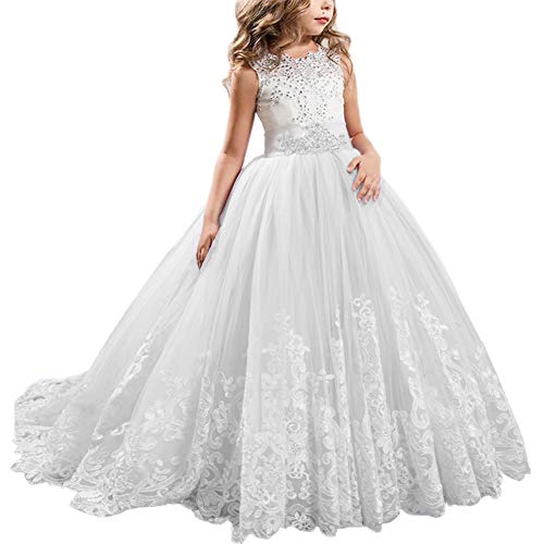 FYMNSI Blumenmädchen Kleid Hochzeitskleid Brautjungfer Lang Abendkleid Mädchen Spitzenkleid Party Prinzessin Vintage Tüllkleid Kinder Erste Kommunionkleider Festzug Cocktailkleid Weiß 12-13 Jahre von FYMNSI