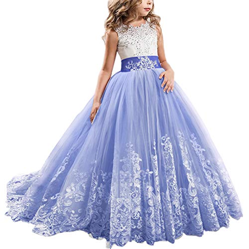 FYMNSI Blumenmädchen Kleid Hochzeitskleid Brautjungfer Lang Abendkleid Mädchen Spitzenkleid Party Prinzessin Vintage Tüllkleid Kinder Kommunionkleider Festzug Cocktailkleid Königsblau 12-13 Jahre von FYMNSI