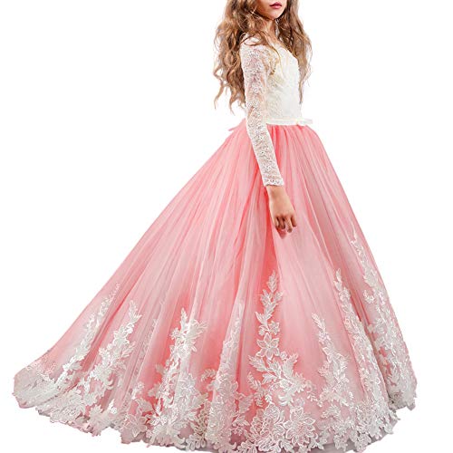 FYMNSI Blumenmädchen Kleid Kinder Erstkommunion Langes Abendkleid Mädchen Langarm Spitze Prinzessin Tütü Tüllkleid Hochzeit Brautjunger Maxikleid Partykleid Festzug Festlich Ballkleid Rot 12-13 Jahre von FYMNSI