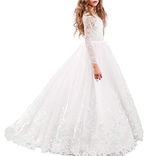 FYMNSI Blumenmädchen Kleid Kinder Erstkommunion Langes Abendkleid Mädchen Langarm Spitze Prinzessin Tütü Tüllkleid Hochzeit Brautjunger Maxikleid Partykleid Festzug Festlich Ballkleid Weiß 8-9 Jahre von FYMNSI