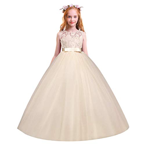 FYMNSI Blumenmädchen Kleid Kinder Hochzeit Brautjungfer Langes Abendkleid Spitzenkleid Tüll Maxikleid Ärmellos Geburtstag Partykleid Festkleid Ballkleid Cocktailkleid Champagner 7-8 Jahre von FYMNSI