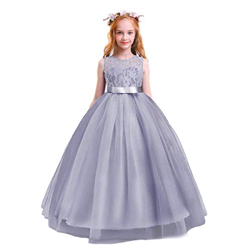 FYMNSI Blumenmädchen Kleid Kinder Hochzeit Brautjungfer Langes Abendkleid Spitzenkleid Tüll Maxikleid Ärmellos Geburtstag Partykleid Festkleid Ballkleid Cocktailkleid Grau 12-13 Jahre von FYMNSI