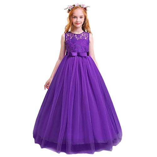 FYMNSI Blumenmädchen Kleid Kinder Hochzeit Brautjungfer Langes Abendkleid Spitzenkleid Tüll Maxikleid Ärmellos Geburtstag Partykleid Festkleid Ballkleid Cocktailkleid Lila 12-13 Jahre von FYMNSI